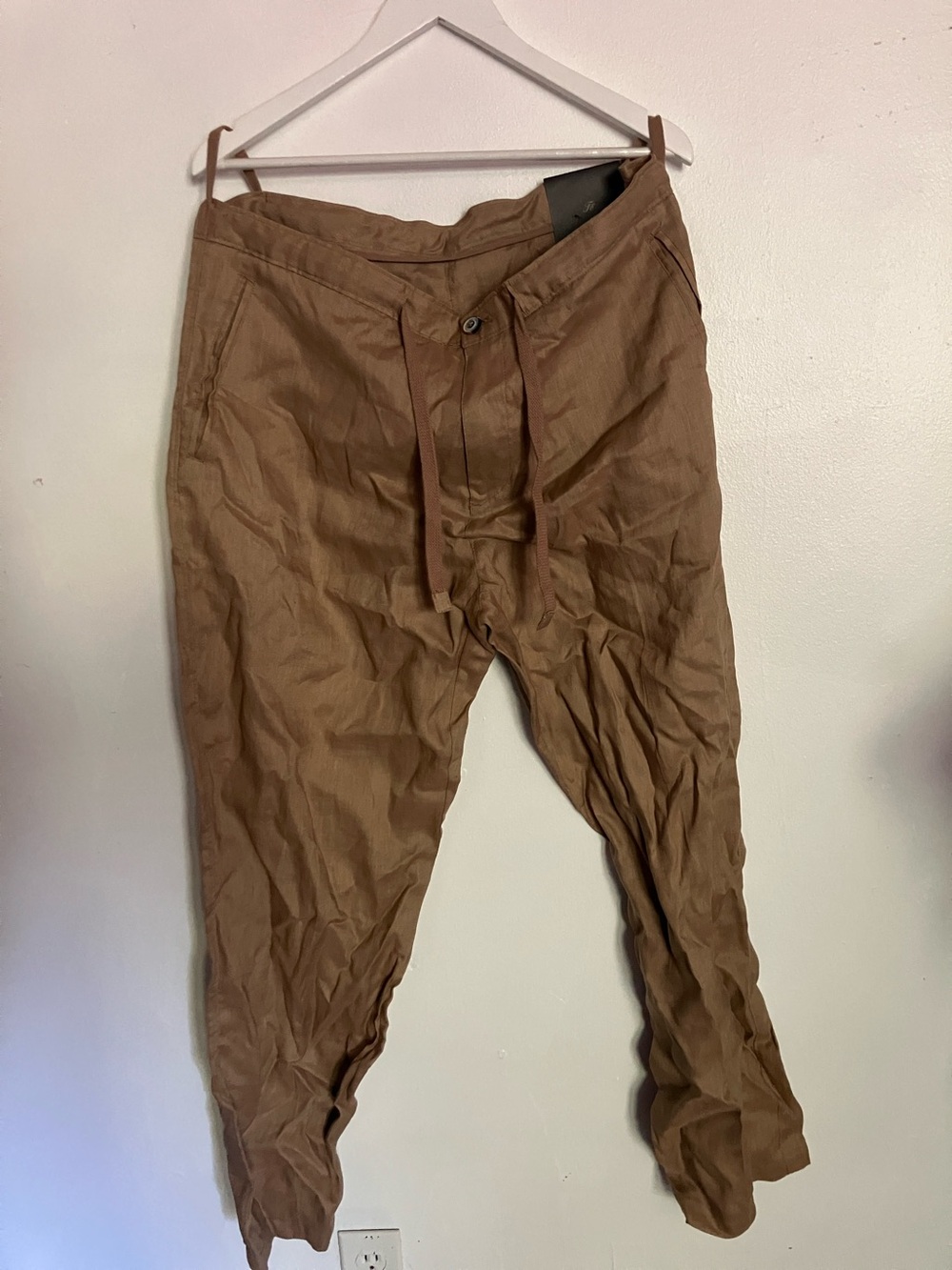 Tasso Elba Men's Size 38W/32L Brown Linen Pants, New with Tags, Drawstring Belt